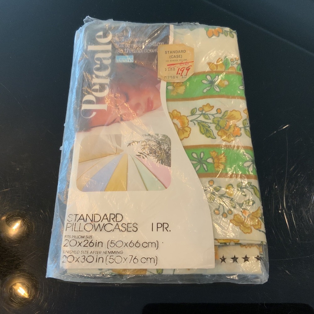 Vintage Percale Pair of Pillow Cases‎ Yellow Green Floral Standard Sealed NOS